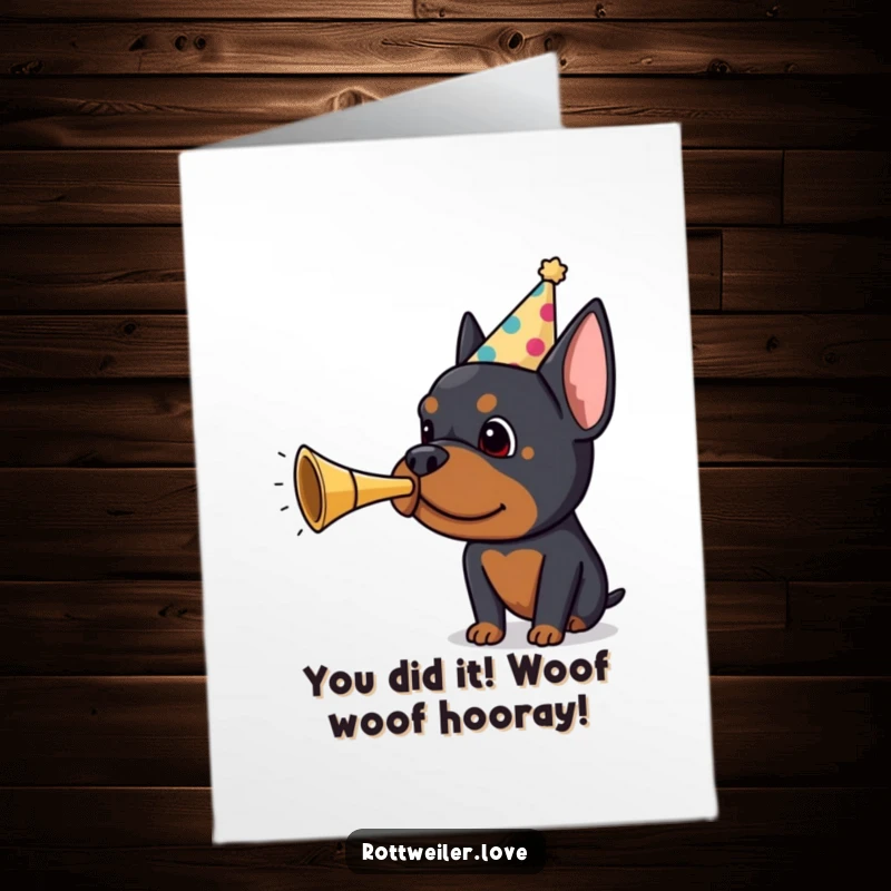 Funny Free Printable Congratulations Card: Rottweiler blowing party horn, celebrating success, downloadable dog art.