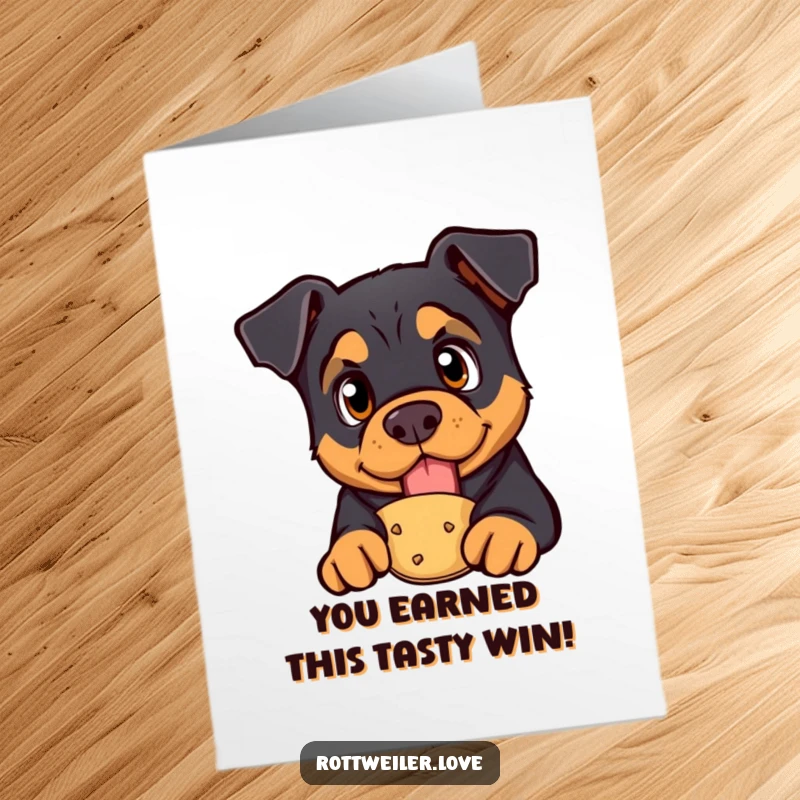 Funny Free Printable Congratulations Card: A Rottweiler with wide, curious eyes, mesmerized by a tasty treat.