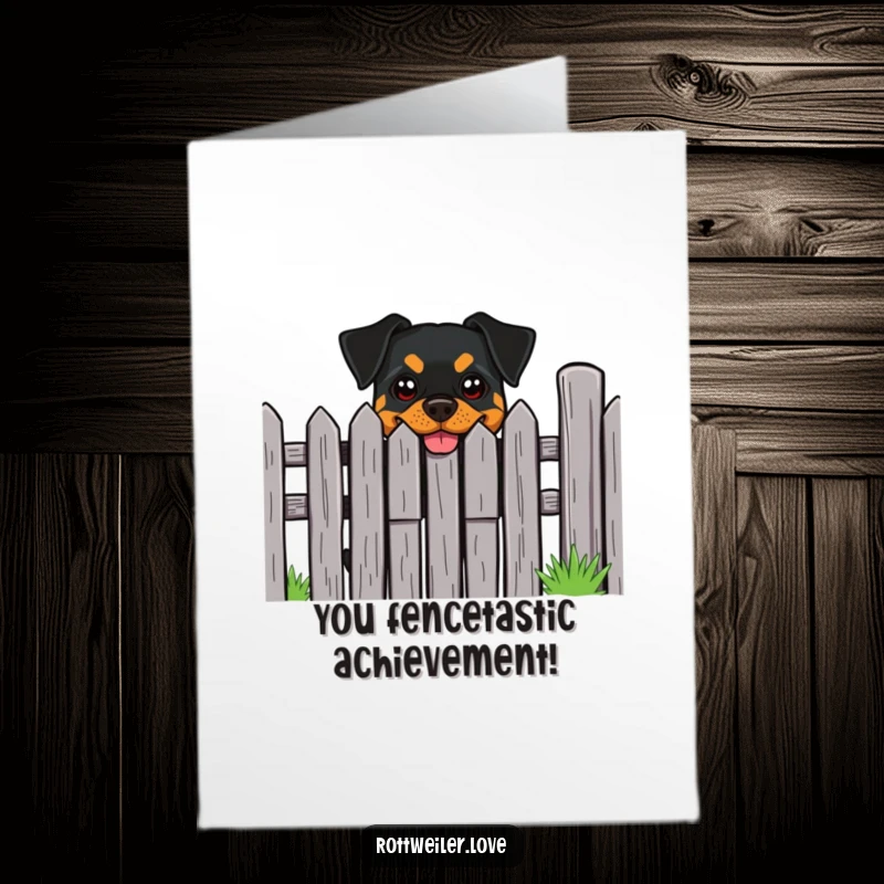 Funny Free Printable Congratulations Card: Rottweiler with a big cheeky grin peeks over a fence, celebrating a win.