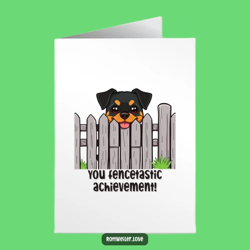 Free Printable Congrats Card: Rottweiler Grin, Fence Secret, Humorous Downloadable Achievement Gift