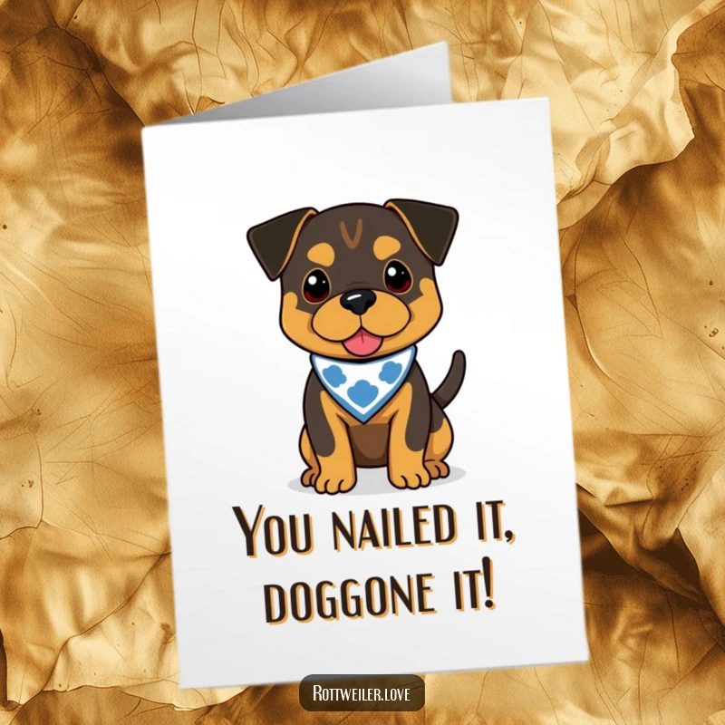 Funny Free Printable Rottweiler Congratulations Card: a happy dog with a bandana, wagging its tail.