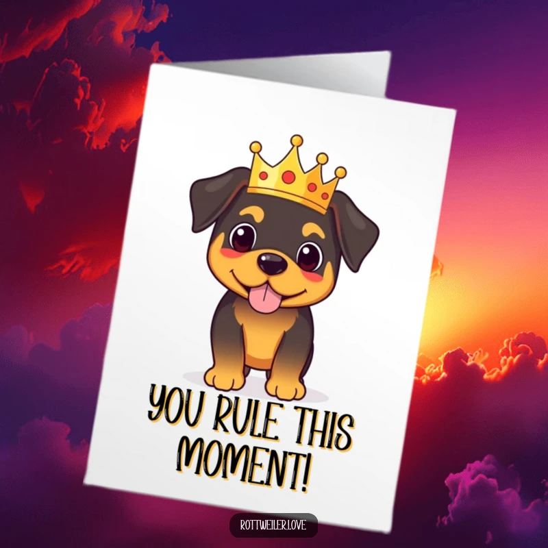 Free Printable Congratulations Card featuring a proud Rottweiler wearing a small crown, standing in majestic celebration.