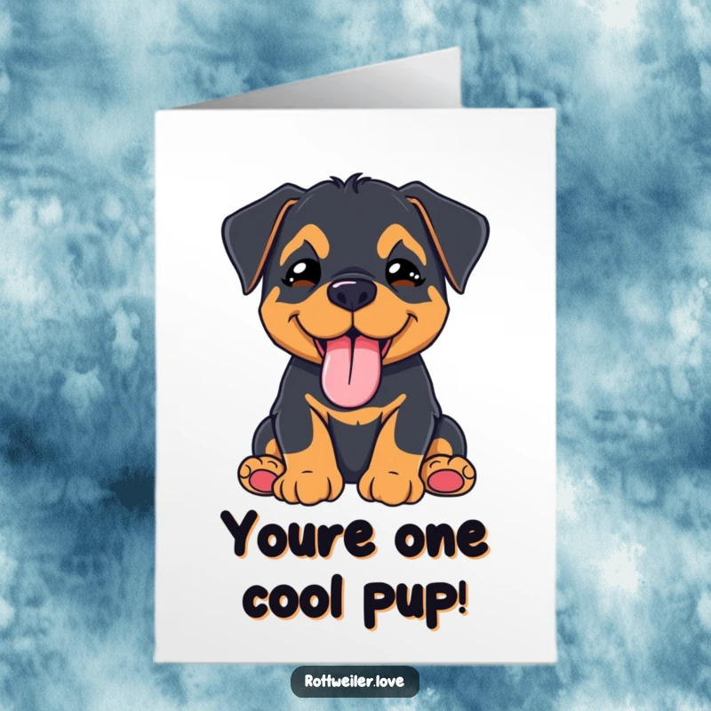 Funny Free Printable Congratulations Card: kawaii rottweiler puppy winks playfully with tongue out, celebrating achievements.