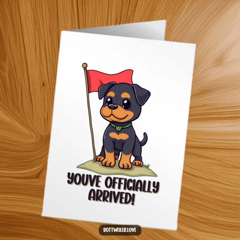 Funny Free Printable Rottweiler Congratulations Card: Proud dog on hill plants flag, celebrating your fantastic achievement with glee.