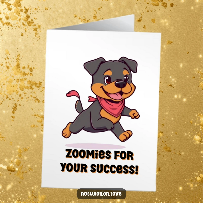 Funny Free Printable congratulations card showing a Rottweiler in a small bandana, running fast with an energetic gait to mark a special occasion.