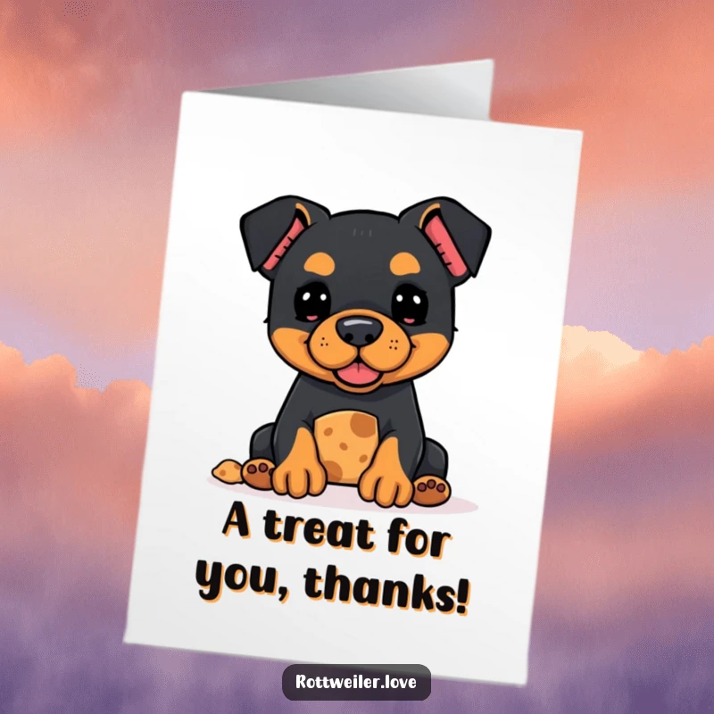 Funny Free Printable Kawaii Rottweiler Thank You Card offering a treat with a hopeful look.