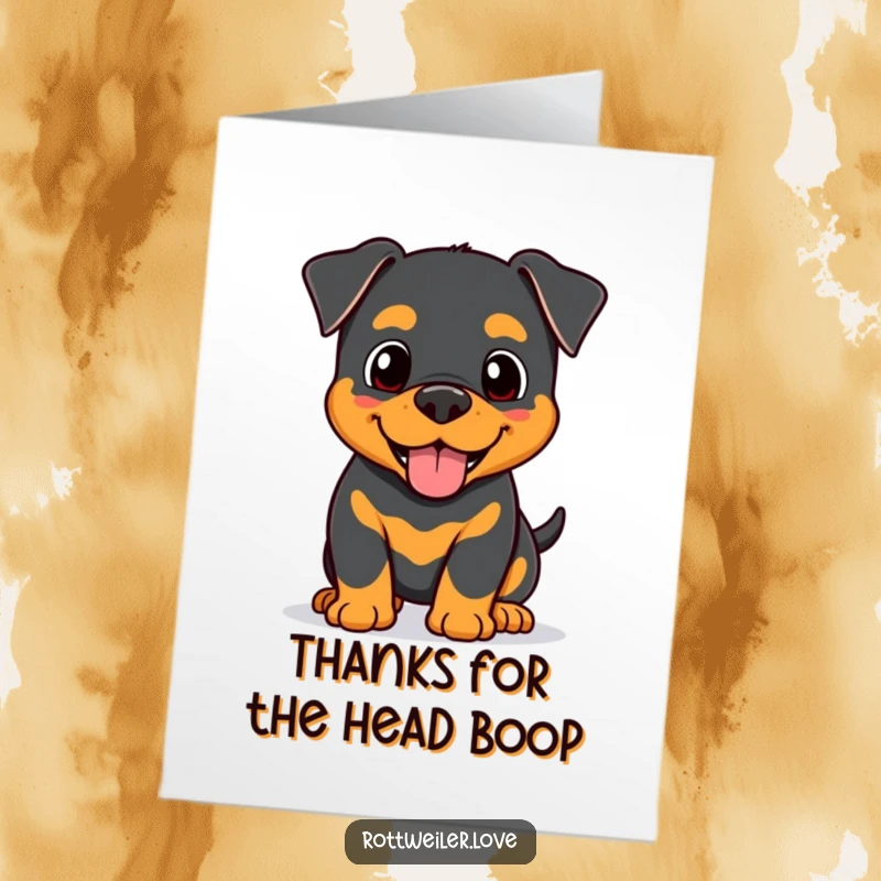Funny free printable thank you card: A happy Kawaii Rottweiler gives a friendly head nudge. A sweet and humorous downloadable card.