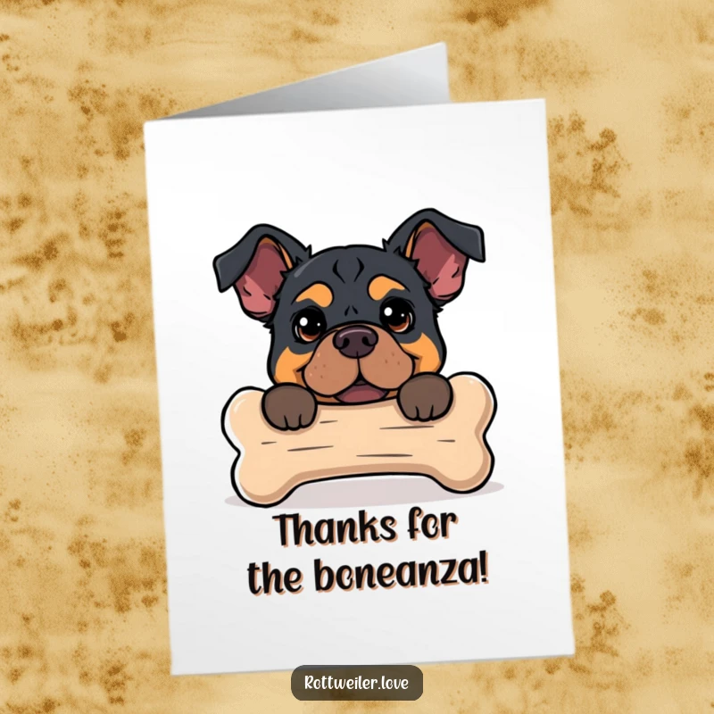 Funny free printable thank you card with a Rottweiler peeking from behind a giant dog bone, conveying appreciation.