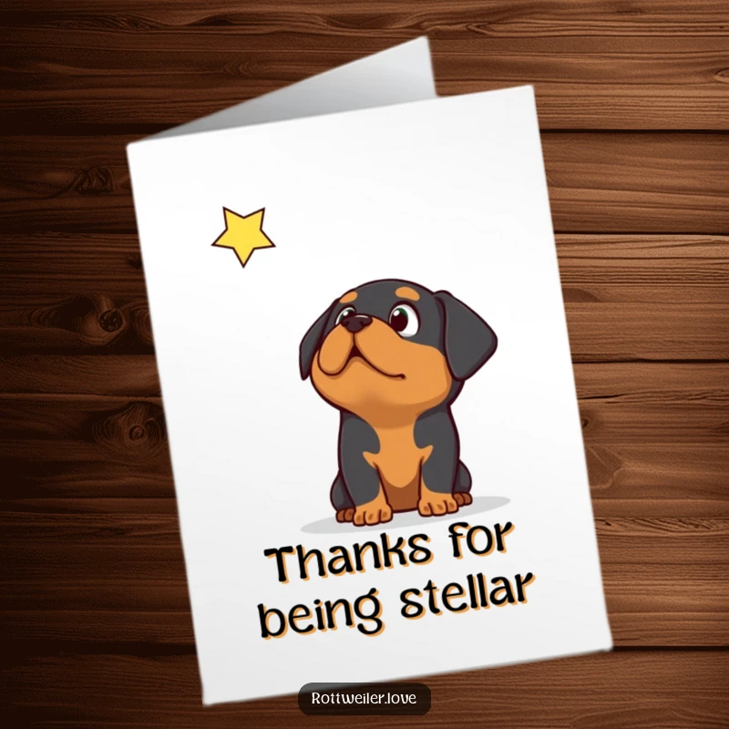 Funny Free Printable Thank You Card: A surprised Rottweiler looks skyward at a falling star, conveying a wish of deep gratitude.