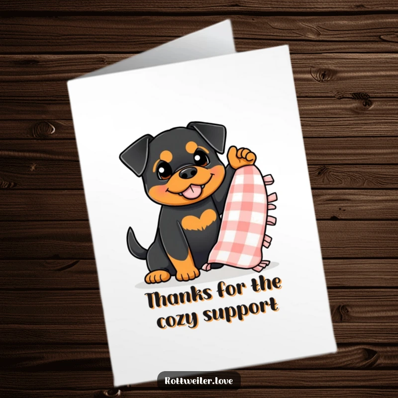 Funny Free Printable Thank You Card: A rottweiler enthusiastically waving a small, checkered blanket to express thanks.