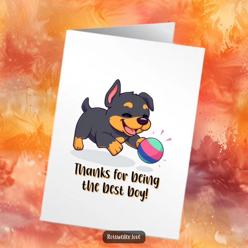 Funny free printable thank you card featuring a Kawaii Rottweiler mid-chase, expressing gratitude with playful energy.