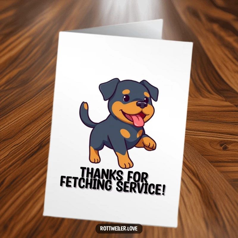 Funny Free Printable thank you card of a Rottweiler with a wagging tail, excited to play fetch, showing gratitude with playful energy.