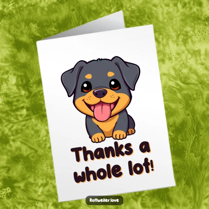 Free Printable Thank You Card with a charming kawaii Rottweiler expressing thanks with a happy, panting smile.