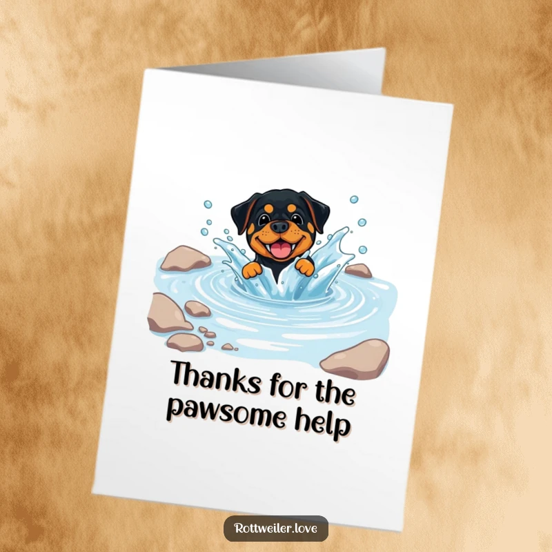 Funny Free Printable Thank You Card: A rottweiler playfully splashing in a clear stream, sending thanks your way.