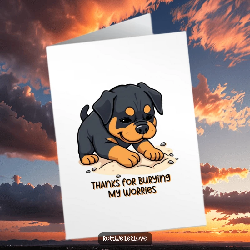 Funny Free Printable Thank You Card: A Rottweiler is enthusiastically digging in soft sand, sending thanks.
