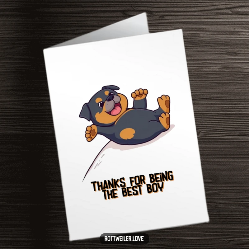 Funny Free Printable Thank You Card: A Rottweiler slides down, paws up, expressing joyful thanks.