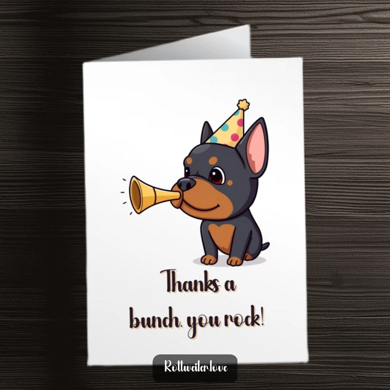 Funny Free Printable Thank You Card: Rottweiler with party horn, saying thanks, downloadable dog art.