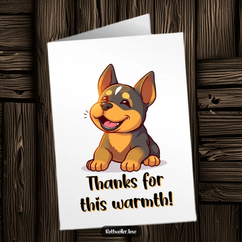 Funny Free Printable Thank You Card: Rottweiler happy sigh in sunlight, expressing warm thanks, downloadable dog art.