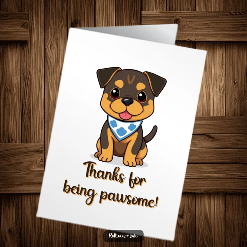 Funny Free Printable Rottweiler Thank You Card showing a happy dog with a bandana, wagging its tail.