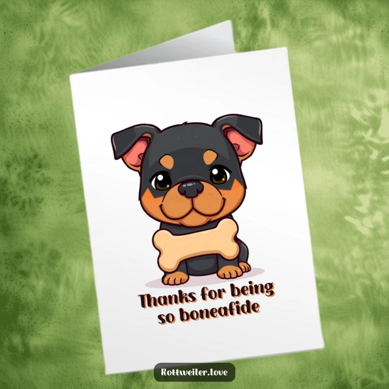 Funny Free Printable Rottweiler Thank You Card: A shy dog offers a juicy bone, hoping this gift shows their sincere appreciation.