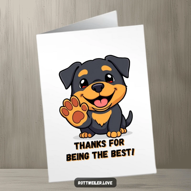 Funny Free Printable Thank You Card: Adorable kawaii Rottweiler offering its paw in a gesture of thanks.