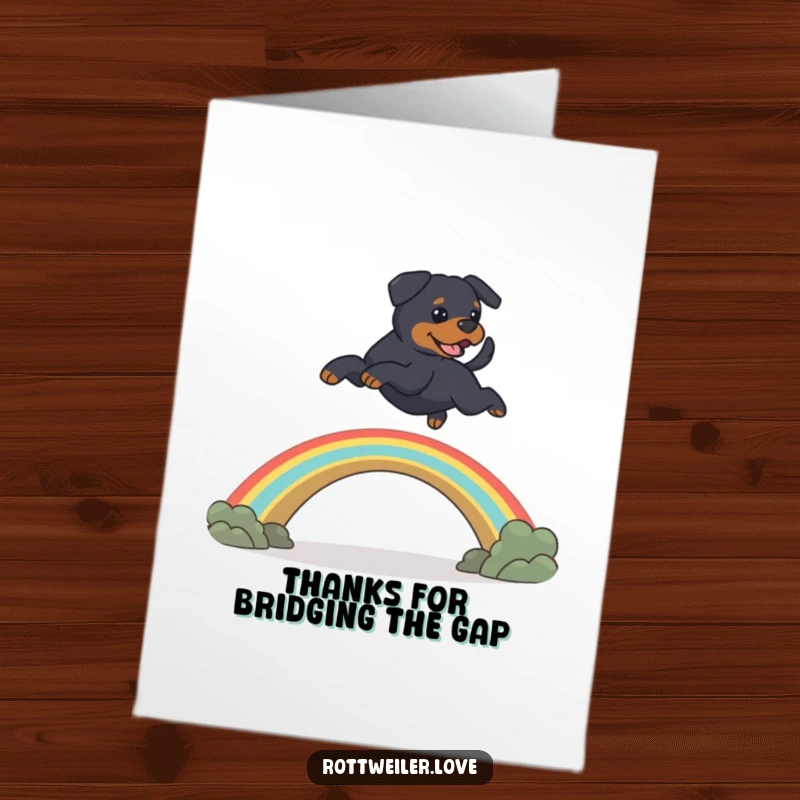 Funny Free Printable Rottweiler Thank You Card: A joyful Rottweiler leaps over a rainbow, sending thanks with boundless energy.