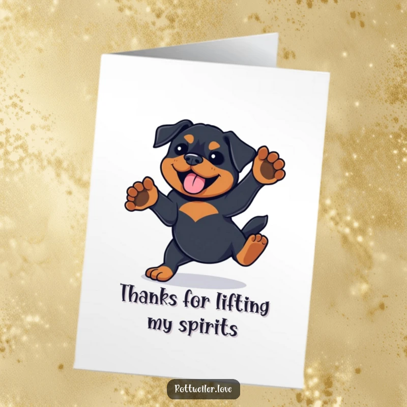 Funny Free Printable Thank You Card: Rottweiler doing a playful spin with paws in the air, a dynamic thank you.