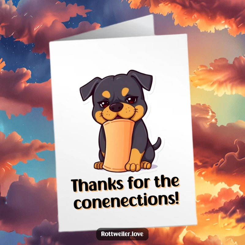 Funny Free Printable Thank You Card: A rottweiler with a goofy expression tries to balance a cone, offering thanks with a playful wobble.