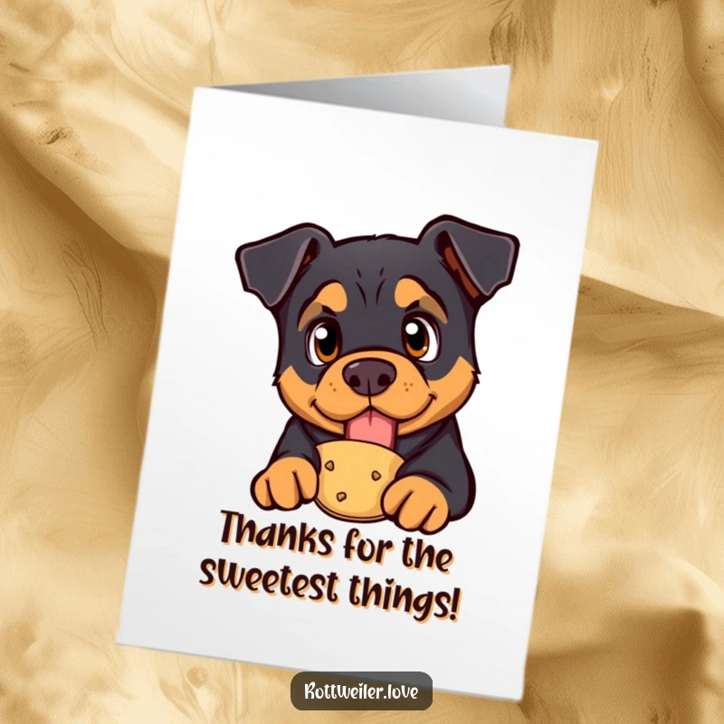 Funny Free Printable Thank You Card: A Rottweiler with bright, hopeful eyes, curiously staring at a delicious treat.