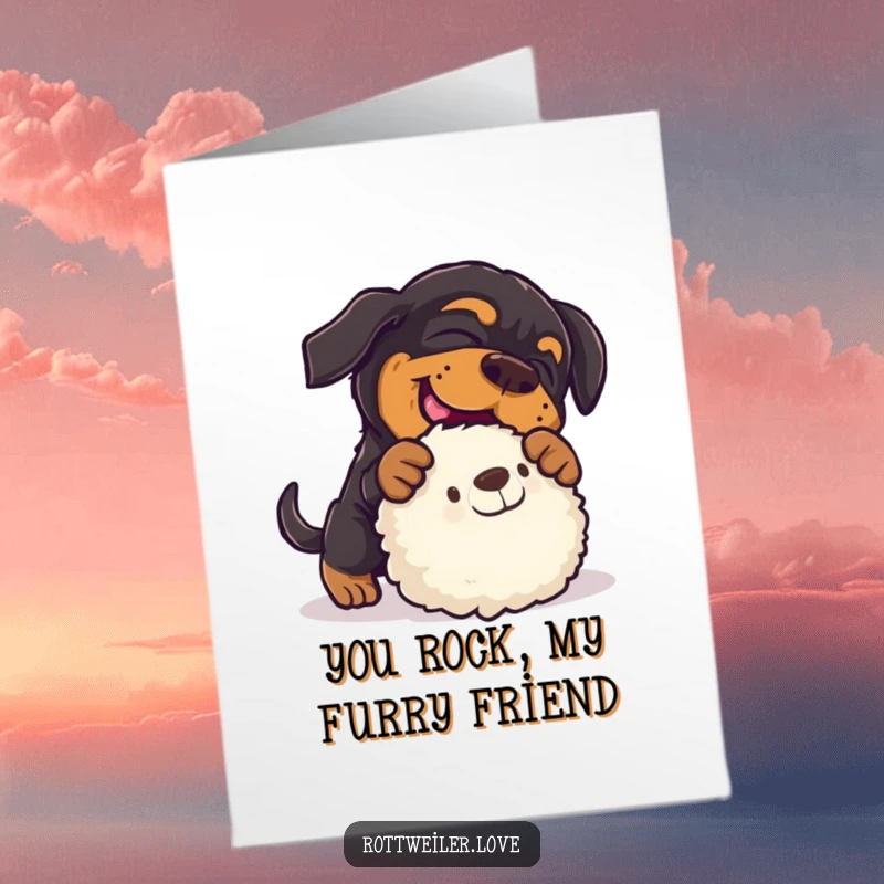 Funny Free Printable Thank You Card featuring a rottweiler playfully attacking a stuffed toy, conveying energetic thanks.