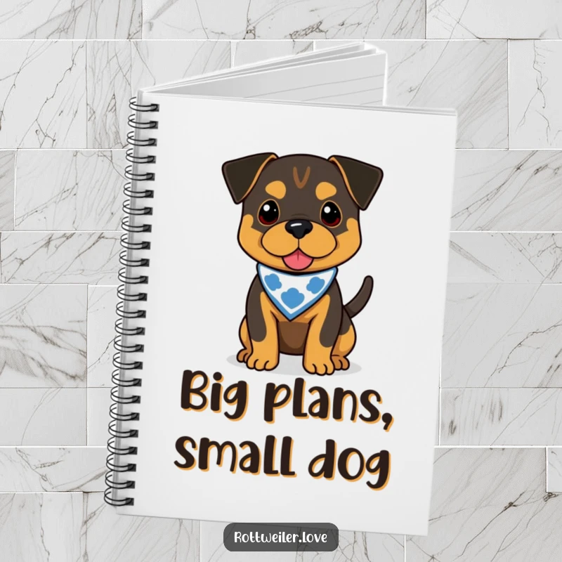 Funny Rottweiler notebook with a dog wearing a bandana and wagging its tail, ideal for jotting down funny thoughts.
