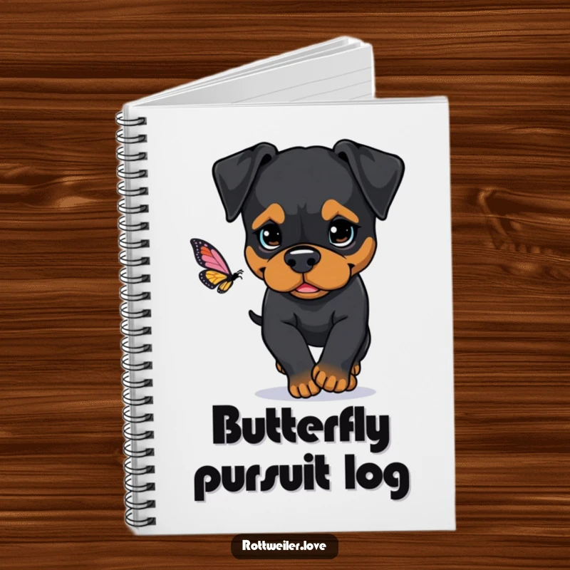 Funny Rottweiler notebook featuring a determined dog chasing a butterfly, perfect for jotting down plans and goals with focus.
