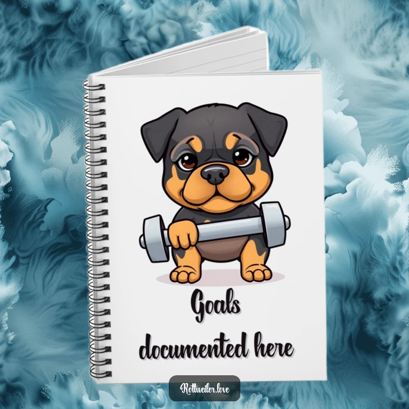 Funny notebook with a determined Rottweiler lifting a dumbbell, ideal for jotting down fitness goals with humor and motivation.