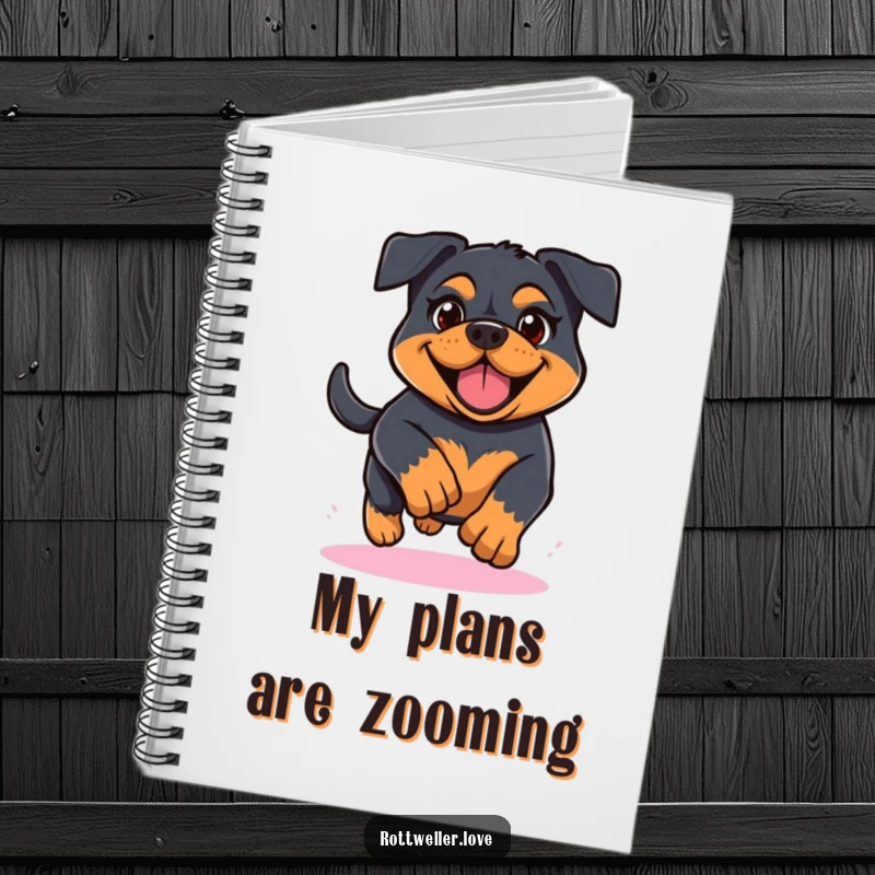 Funny Kawaii Rottweiler notebook with a determined and cheerful dog running, ideal for writing notes, ideas, or daily plans.