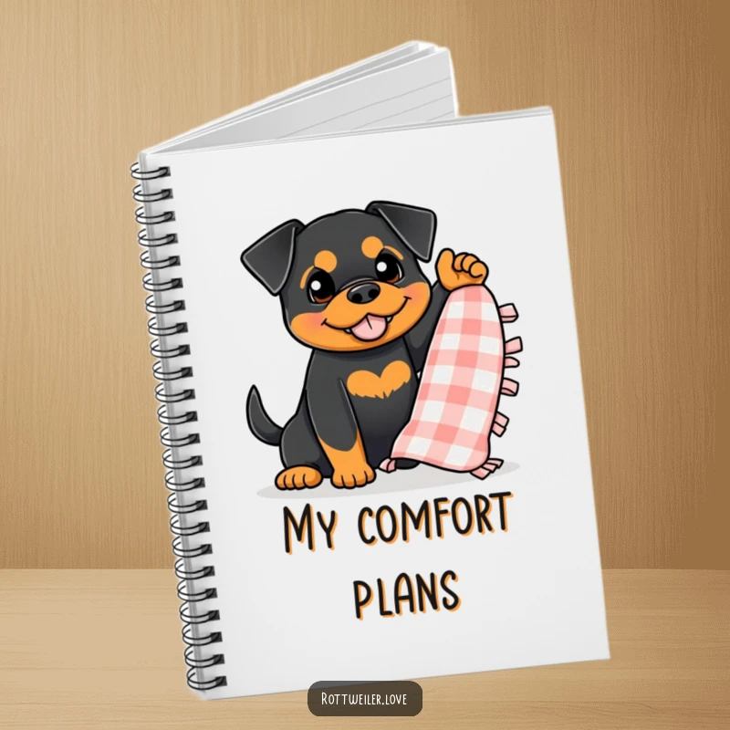 Funny Rottweiler Notebook featuring a dog enthusiastically waving a small, checkered blanket, ideal for capturing cozy thoughts.
