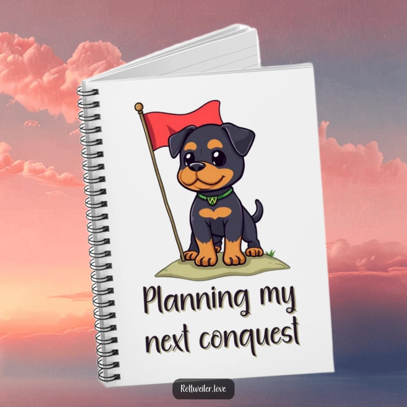 Funny Rottweiler dog holding a flag on a hill, illustrating patriotic humor in this notebook.