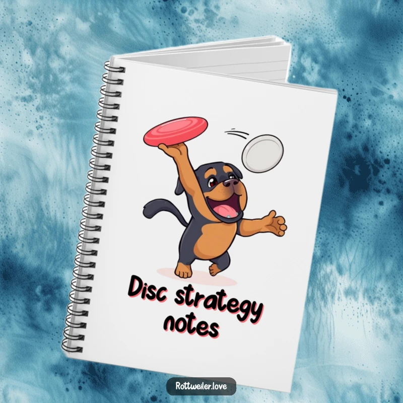 Funny Rottweiler notebook depicting an energetic dog leaping to catch a flying disc, perfect for jotting down active thoughts and plans.