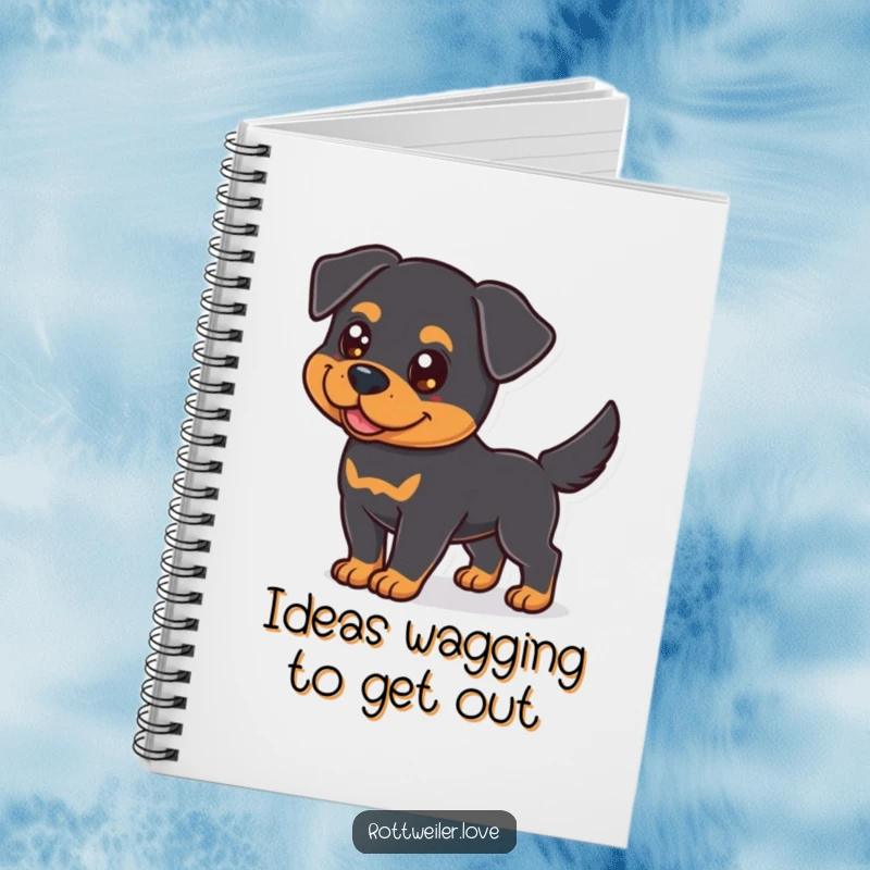 Funny Rottweiler Notebook featuring a dog with bright eyes and a wagging tail, ideal for jotting down notes.