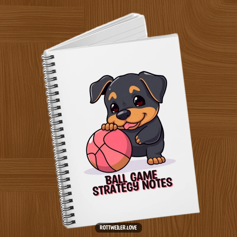 Funny Rottweiler notebook featuring a dog playfully nudging a large, bouncy ball, perfect for jotting down notes with a touch of energetic fun.