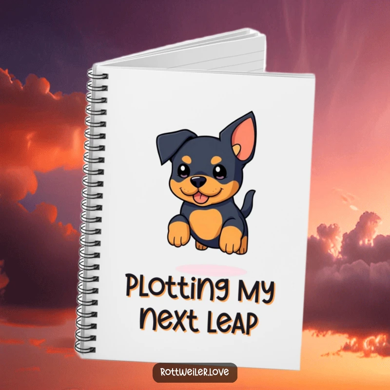 Funny Rottweiler Notebook cover displaying a kawaii rottweiler with huge ears joyfully jumping, tail wagging, ready to capture notes.