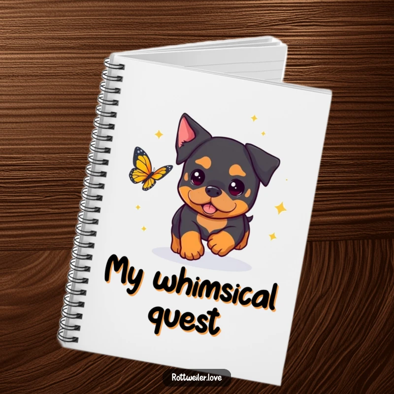 Funny Rottweiler Notebook cover showcasing a kawaii rottweiler sparkling and chasing a butterfly with playful curiosity.
