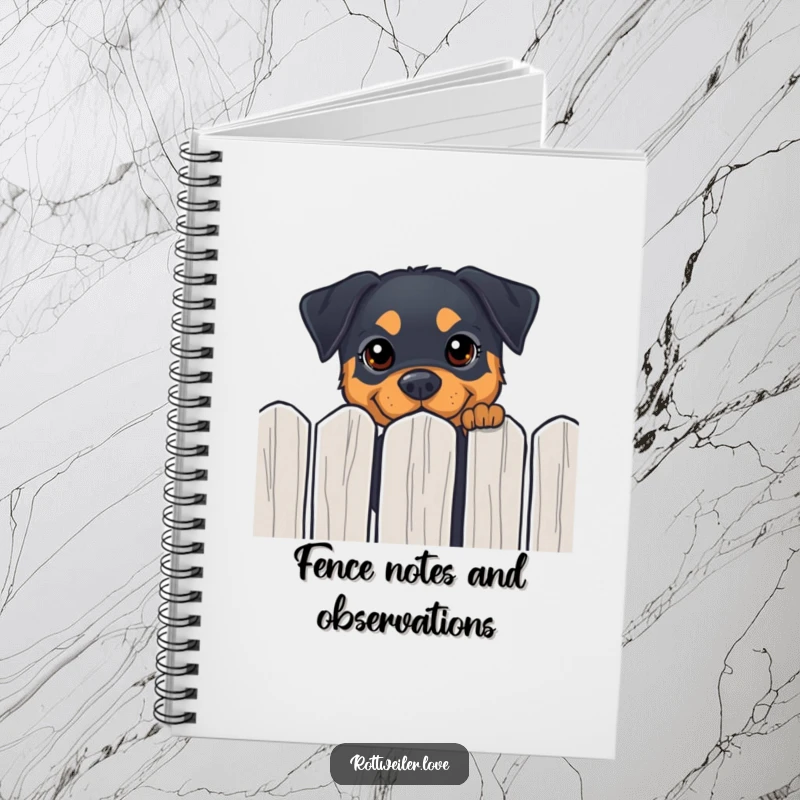 Funny Rottweiler notebook with a dog peeking over a fence, ideal for jotting down curious ideas.