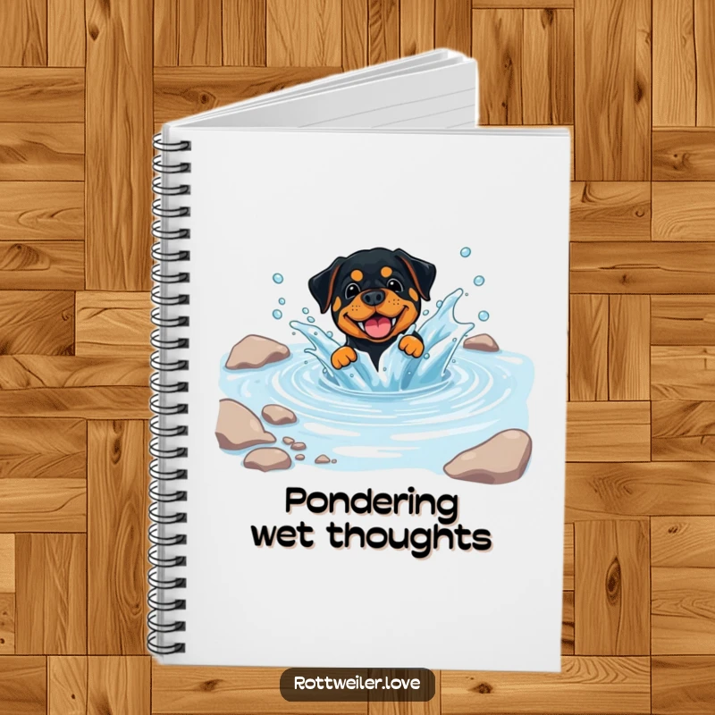 Funny Rottweiler Notebook featuring a dog playfully splashing in a clear, cool stream, ideal for jotting down happy thoughts.