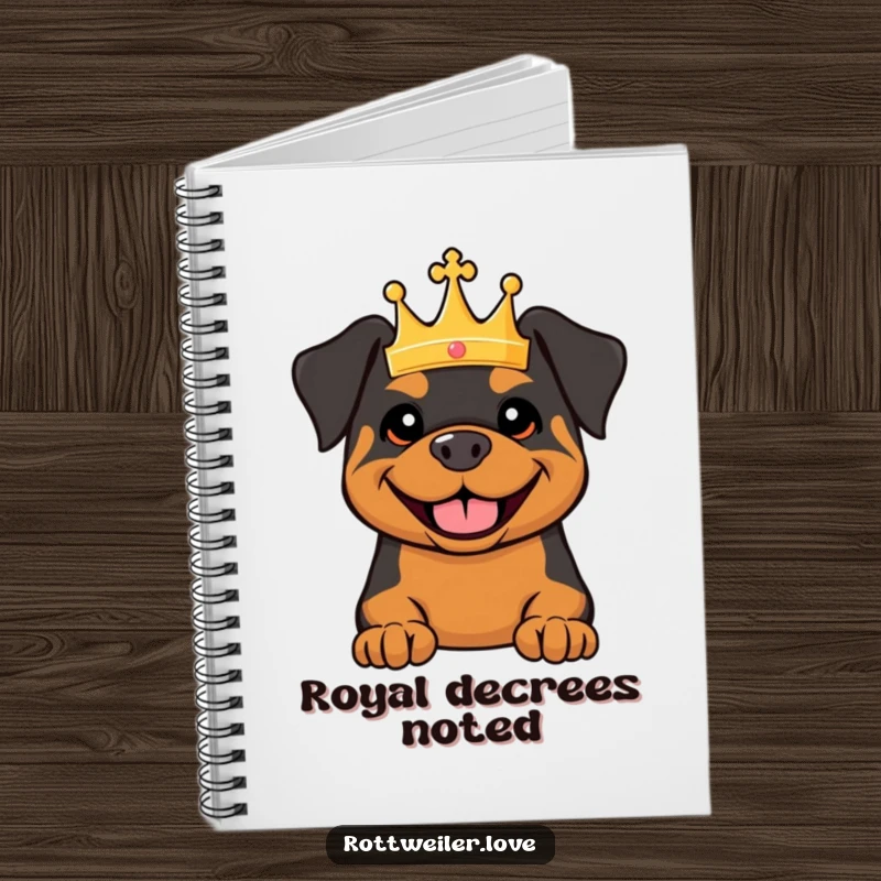 Funny notebook with a smiling Rottweiler wearing a tiny crown, ideal for jotting down ideas with royal flair and humor.