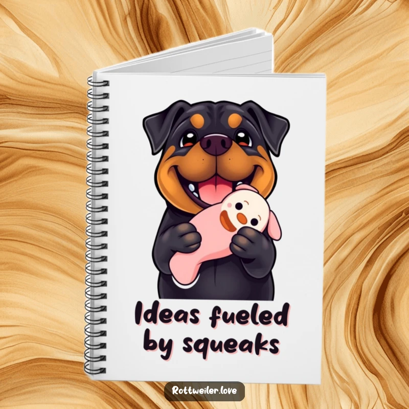 Funny Rottweiler notebook with a smiling dog holding a floppy squeaky toy, designed for jotting notes with a dose of canine joy.