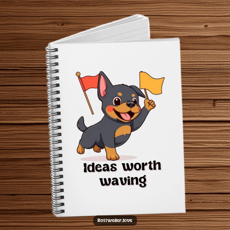 Funny Rottweiler notebook cover showing an energetic dog waving a small flag, inspiring enthusiasm and note-taking.