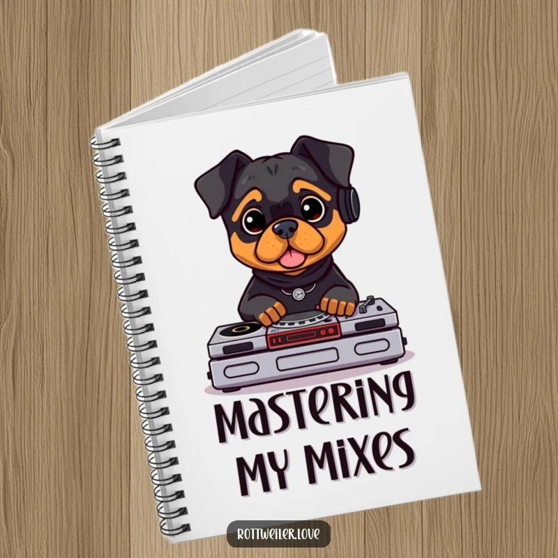 Funny Rottweiler DJ notebook showing a Rottweiler with headphones, ready to DJ. Lined pages for notes and musical inspiration.