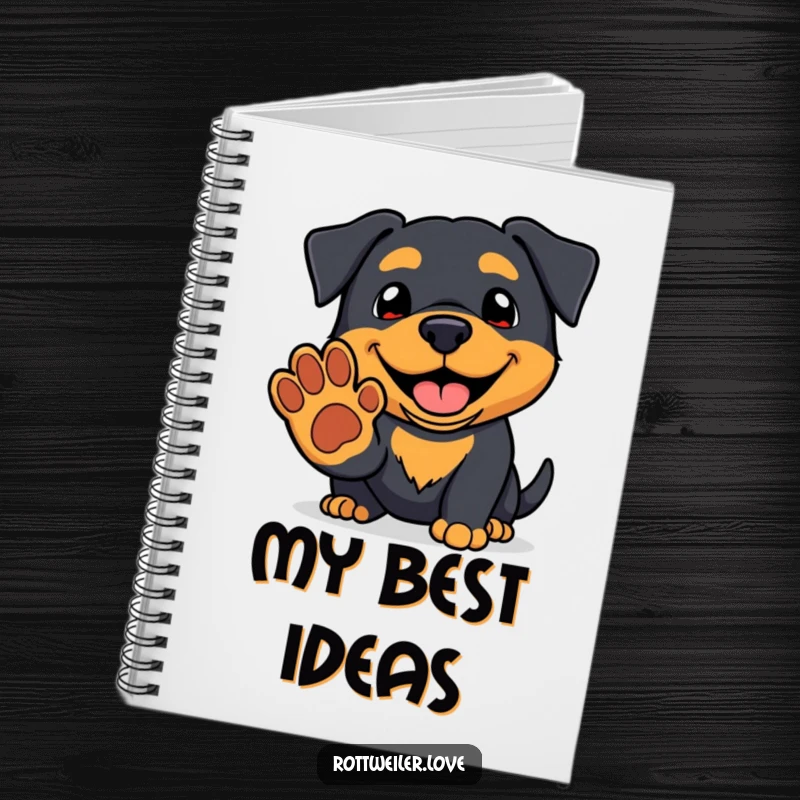 Funny kawaii rottweiler notebook with a friendly grin offering a paw, perfect for humorous journaling and note-taking.