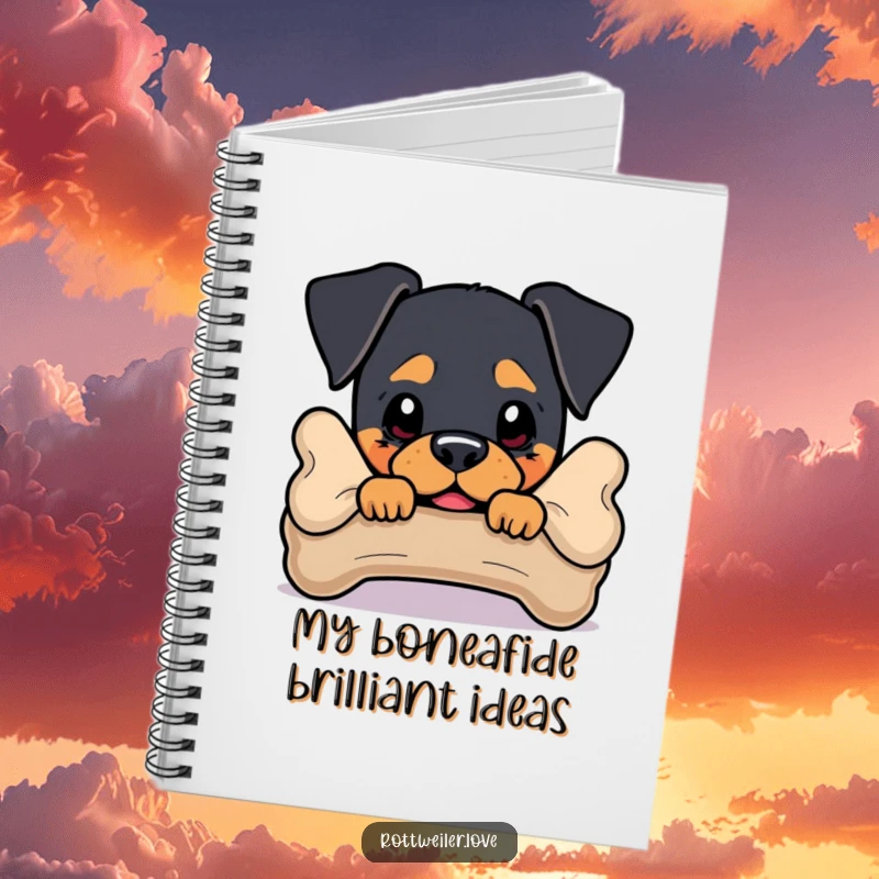 Funny Rottweiler Notebook featuring a dog peeking from behind a bone, ideal for jotting down ideas.