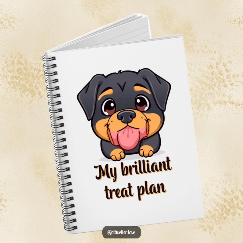 Funny Rottweiler Notebook cover showcasing a kawaii rottweiler with wide eyes intently balancing a treat on its snout.